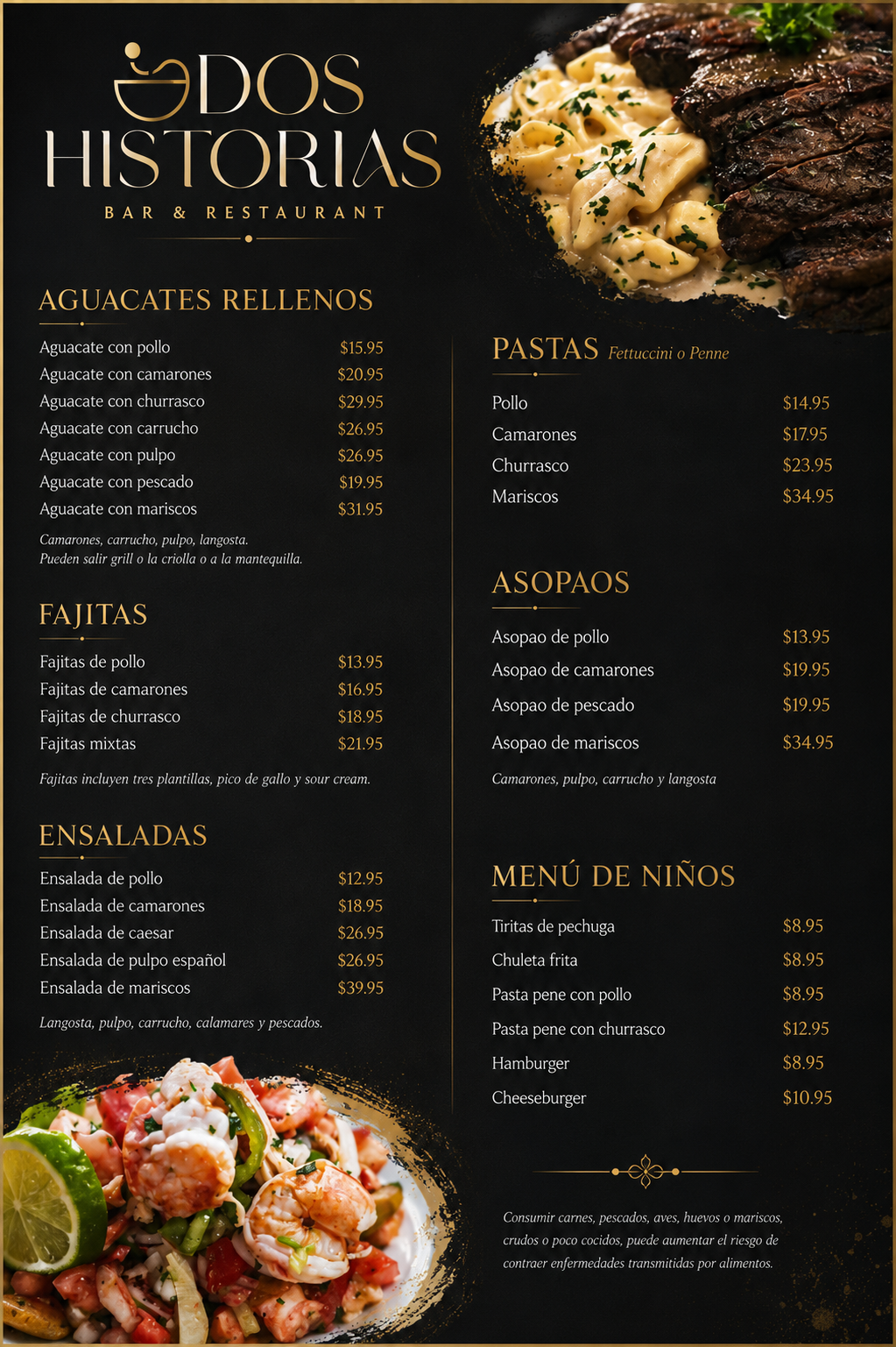 Página 3 — Pastas, Ensaladas y Menú de Niños